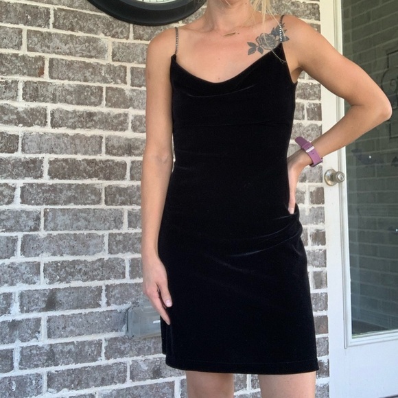 Vintage Velvet Cowl Neck Rhinestone Strap Mini Dress - Picture 2 of 11